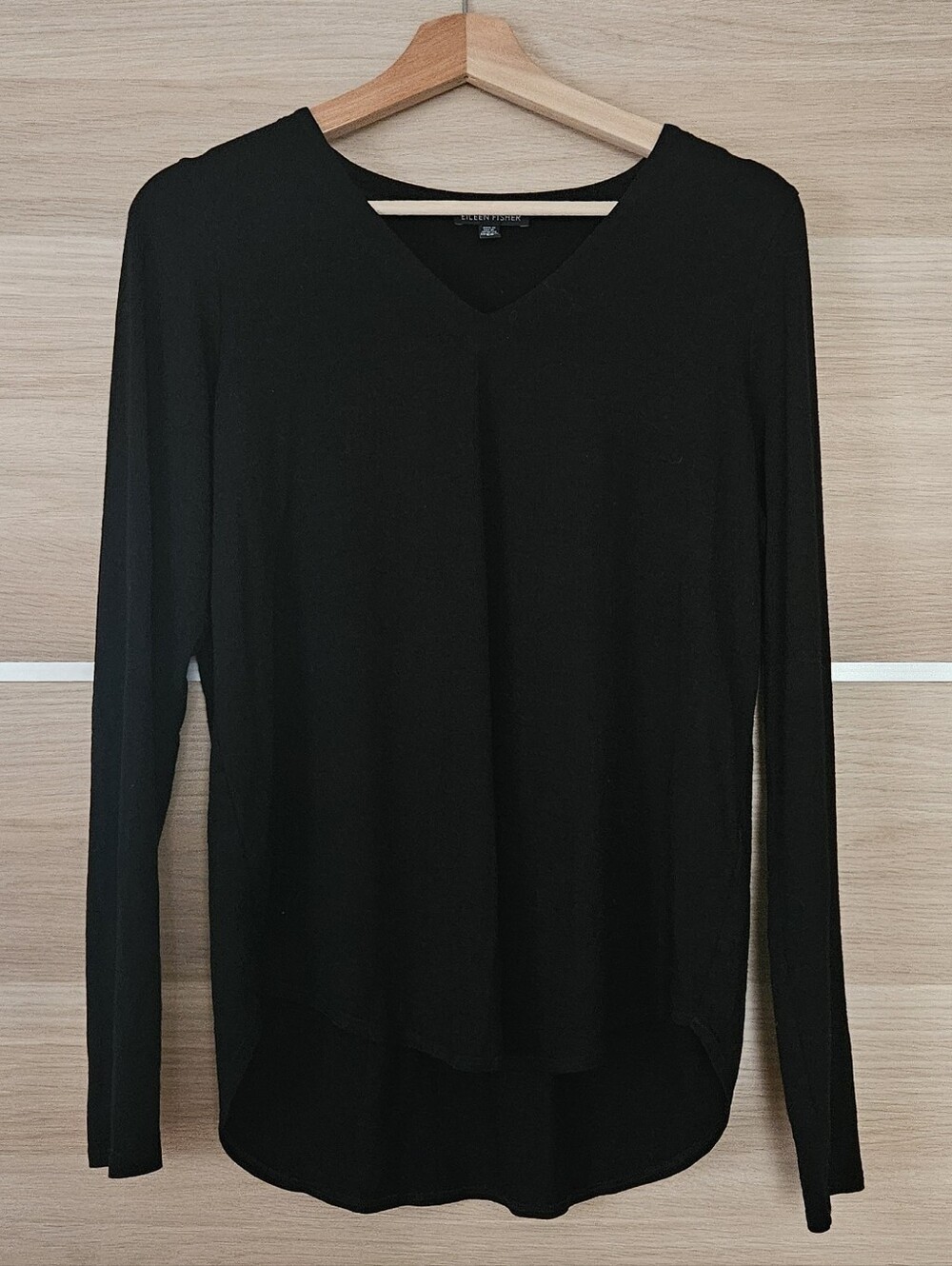 Eileen Fisher Black V Neck Long Sleeve Top S/P Petite Stretch Jersey Tunic